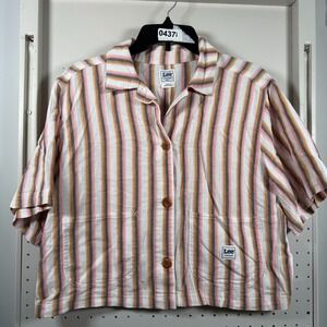 Lee Legendary Relaxed Crop Chore Shirt Womens  Striped Short Sleeve Large Vintag